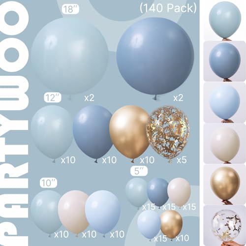 Image of PartyWoo Dusty Blue Balloon Arch Kit Garland 140pcs Different Sizes of 18 12 10 5 Inch Light Baby Blue White Sand Gold Confetti Boho Balloons for Baby Shower Gender Reveal Birthday Party Decorations