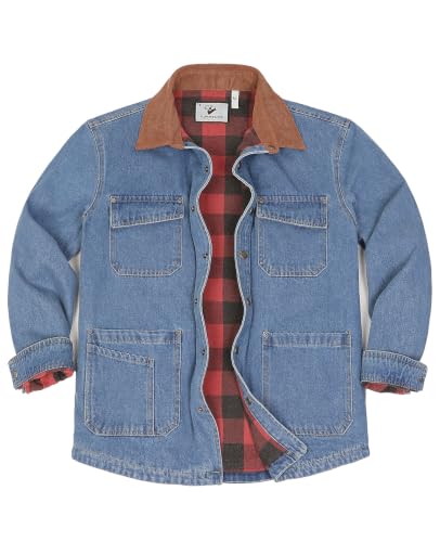 Image of ZENTHACE Men's Flannel Lined Denim Chore Coat, Snap Button Workwear | 11.2 oz 100% Prewashed Denim Cotton, Fully Flannel Lining, Corduroy Collar, 6-Pockets Oversized Utility Outdoor Barn Coat