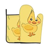 WZYWHJ Juego de guantes de horno y soportes para ollas con estampado de pato de dibujos animados para cocinar, microondas, parrilla, con diseño de cordón