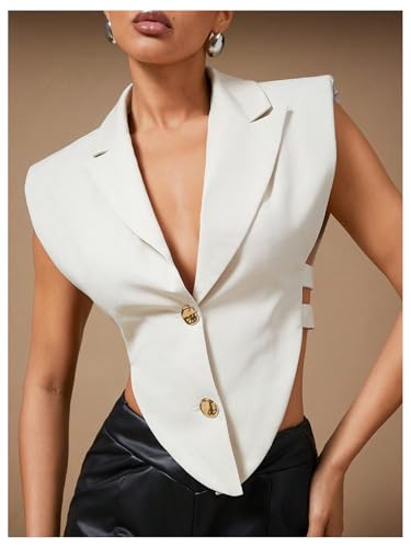 WDIRARA Women's Button Down Shoulder Pad Asymmetrical Tank Top Lapel Neck Sleeveless Suit Vest4