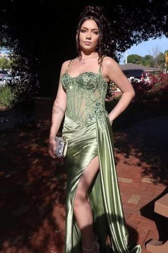 Mermaid Prom Dresses for Women Sparkly Satin Lace Appliques Formal Dress with Slit Spaghetti Straps He50942