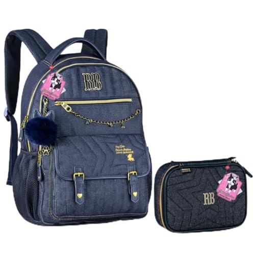 Rebecca Bonbon Mochila Escolar Jeans Azul com Estojo, Coleção 2026, Detalhes em Dourado, Pompom Decorativo