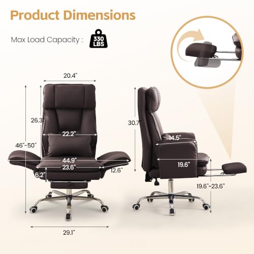 Image of Big and Tall Office Chair, Footrest & Flip Armrest for Pets, PU Dark Brown | Executive Ergonomic Criss Cross Chair, Reclining High Back Desk Chair, Leather Swivel Computer Chair with Lumber Pillow