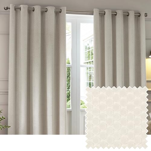 Image of Paoletti Neptune Eyelet Curtain Pair – Lined Room Darkening Luxury Velvet Geometric Curtains (Ivory - 117x183cm)