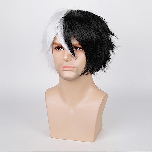 Image of Max Beauty Unisex Anime Short Black and White Cosplay Wig With Bangs Heat Resistant Hair for Party Halloween Costume + Free Cap (Two Tone)