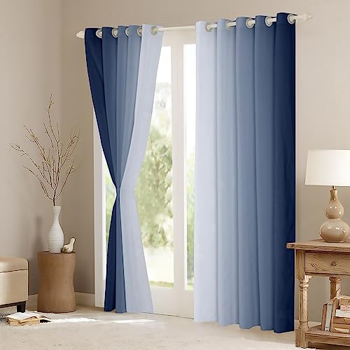 Homemissing Navy Blue and White Darkening Drapes Gradient Style Curtains for Bedroom Living Room For Kids Women Men Ombre 30%-50% Blackout Curtains Geometric Window Treatments W66*L90 - Image 3