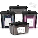 Zingbee 4 Pack Laundry Detergent Containers & Dryer Sheet Holder with Black Lids, Scoops & Labels - Plastic Laundry Organizer and Storage Jars for Pods, Detergent, Scent Booster