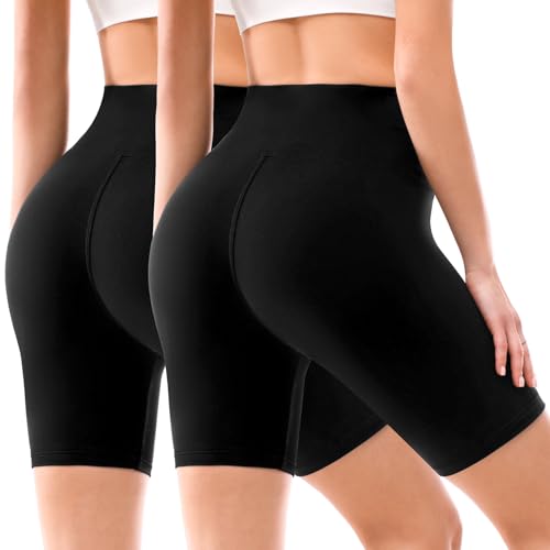 Leafigure 2 Pack Biker Shorts for Women 6' High Waisted Gym Shorts for Yoga Workout Black S-M