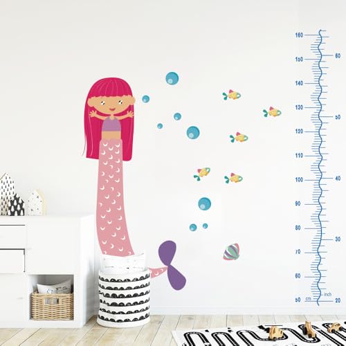 Image of Cute Mermaid Height Chart Wall Sticker - Pink Tail Nursery Growth Measurement Decal - Peel and Stick Vinyl - Non-Toxic Baby Room Decoration - Removable Kids Bedroom Wall Art