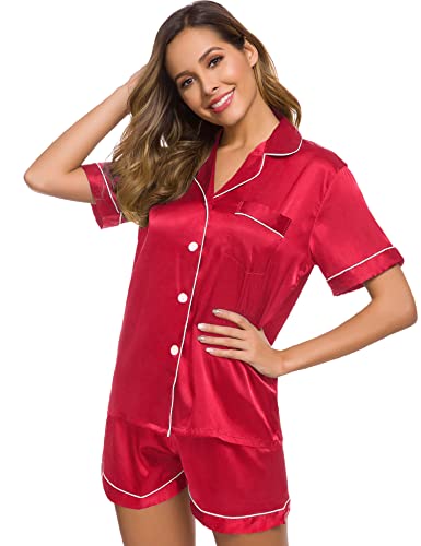 Image of SWOMOG Womens Silk Satin Pajamas Set Short Sleeve Sleepwear Button Down Top and Shorts Loungewear 2 Piece Pjs Set XS-3XL