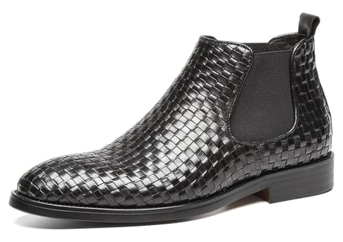 Santimon Mens Chelsea Boots Leather Woven Slip on Dress Boots for Men Ankle Casual Boots Black Brown