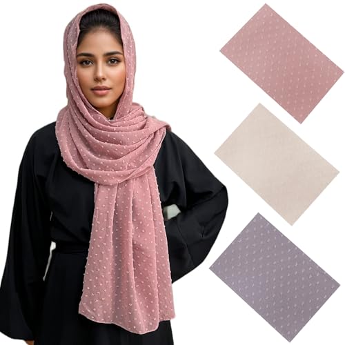 Jacquard Bubble Chiffon Scarf Shawl Pom Pom 3D Dotted 3PCS Headwraps Hijab