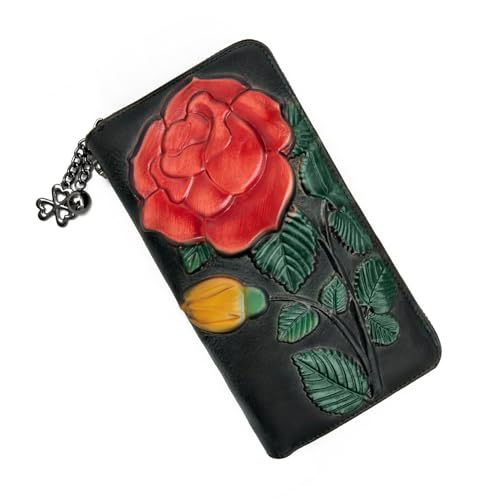 Image of Wallet Genuine Leather for Women - with RFID Blocking Card checkbook ID Slot Large Capacity Vintage style (big rose black)