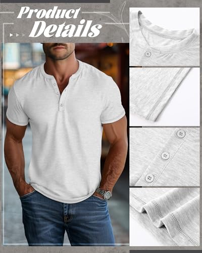 Huukeay 3 Pack Men's Big & Tall Henley Short Sleeve Shirts, Cotton Crew Neck Casual Button T-Shirts Summer Basic Tees Tops4