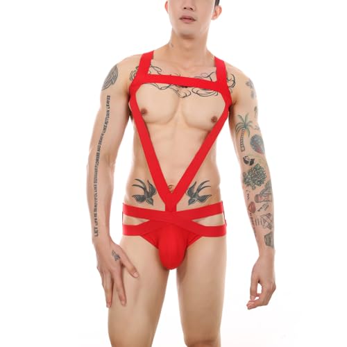 Men's Underwear Jockstraps Mens Harness Sport Shoulder Strap with Jock Strap Men's Bodysuits Thongs Leotard Wrestling Singlet Underwear Red