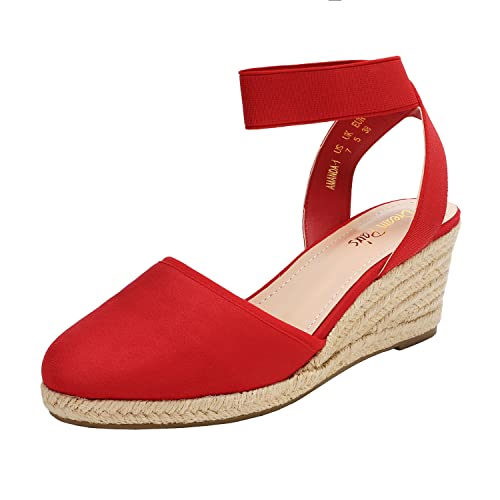 DREAM PAIRS Women's Elastic Ankle Strap Espadrilles Wedge Sandals 5 Red