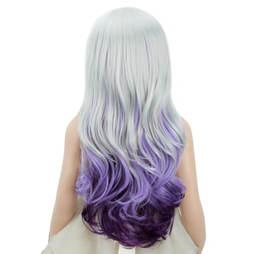 Image of PATTNIUM Long Wavy Silver Gray Wig for Women Gray Mixed Purple Wigs Synthetic Wigs