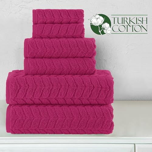 Image of Elegant Comfort Luxury 6-Piece 100% Turkish Cotton Jacquard Braided Textured Premium Hotel Quality Towel Set- Soft and Absorbent, Includes 2 Bath Towels, 2 Hand Towels and 2 Washcloths, Hot Pink