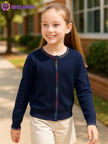 Girls Knit Cardigan – Soft Lightweight Sweater with Rainbow Trim for School or Layering3
