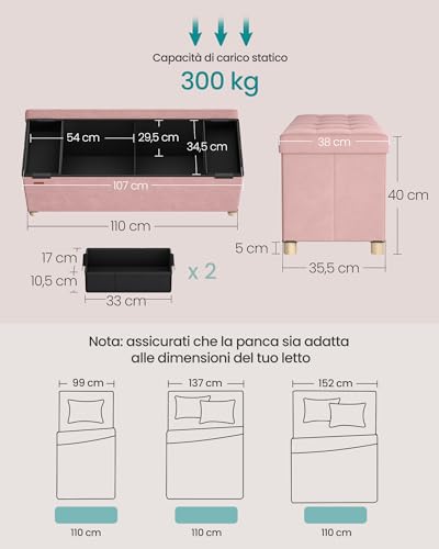 SONGMICS Pouf Contenitore, Cassapanca Pieghevole, 38 x 110 x 40 cm, Sgabello Poggiapiedi, 112 L, Superficie in Velluto, per Camera da Letto Soggiorno, Rosa Pastello LSF0518R02 - Immagine 2