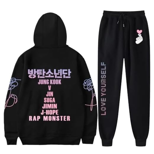 Bangtan Boys Hoodie Love Yourself Sweater Suga Jimin Jung Kook Jhope Sweatshirt Pants 2pc Set Black