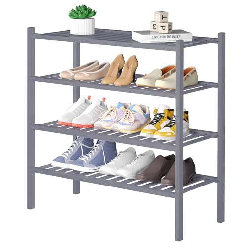 4 Tier Bamboo Shoe Rack for Closet Free Standing Wood Shoe Shelf for Entryway Small Space Stackable 27"x11"x26" (Grey)