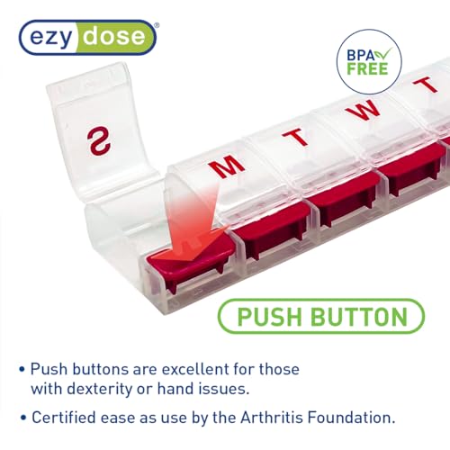 Image of Ezy Dose Weekly (7-Day) Pill Organizer, X-Large Medicine Case, Clear /Red | Daily Vitamin & Supplement Planner, Spacious Push-Button Compartments, Convenient & Easy to Use, Travel-Friendly, BPA-Free