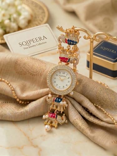 Image of Kashmiri Watch for Women | Gold Tone Round Dial | Crystal Studded Floral Design | Adjustable Chain Traditional Ethnic Jewellery Gift