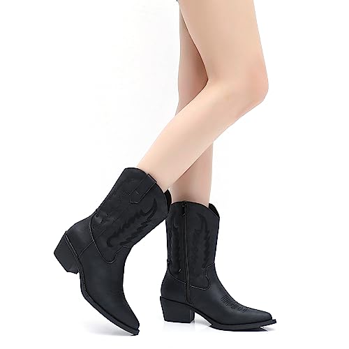 Image of GLOBALWIN Women's Square Toe Cowgirl Boots Classic Mid-Calf Cowboy Boots With Embroidered Stitching Low Heel Comfortable Western Boots For Country Outfits
