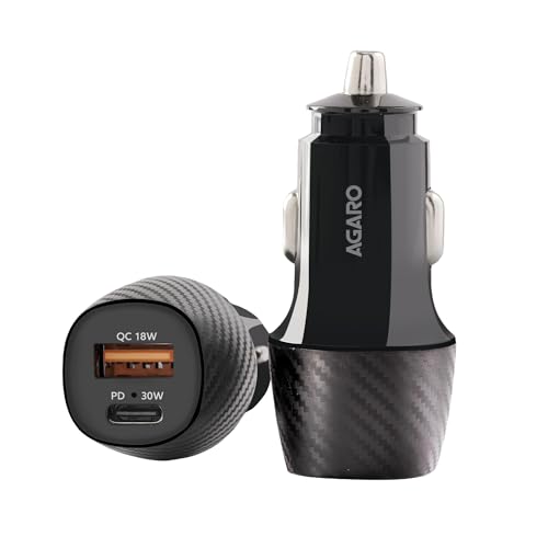 AGARO Pulse Car Charger, Dual Port with 51W Fast Car Charger with Dual Output (33W Pd Type C Port + 18W USB A Port), Fast Charging, for Smartphones, iPhones, Tablets, Earbuds & More – Black view 1