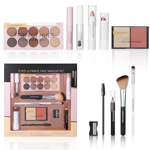 All in One Makeup Kit, Make Up Gift Set for Women, Full Set 11pcs Includes Eyeshadow Palette Mascara Lipstick Blushers Brow Pencil for for Teenager Girls, Essential Cosmetic Bundle for Daily Use