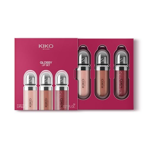 KIKO Milano Glossy Lip Set 03, Lippen-Set: 3 Feuchtigkeitsspendende Lipglosse Mit 3D-Volumeneffekt