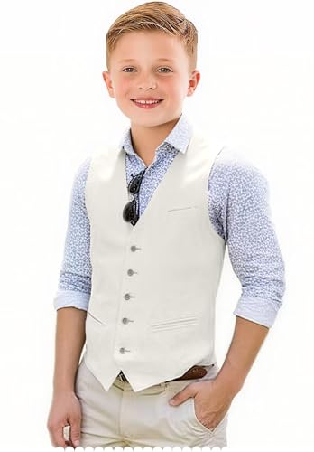 Boys Linen Suit Vest Slim Fit Kids Vests V-Neck Casual Waistcoat for Summer Beach Wedding Prom