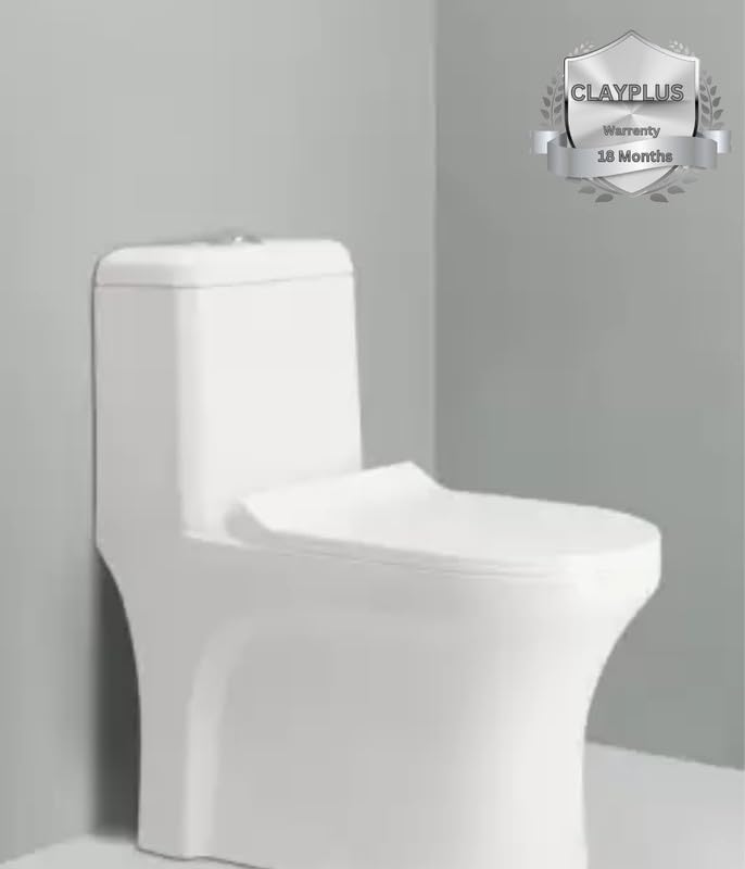 Image of Clay Plus P-Trap Premium Ceramic Rimless Water Closet Floor Mounted One Piece Ceramic Western Toilet /Commode With Soft Close Seat Cover For Home, Bathroom, Lavatory, Toilets (107 P-TRAP)