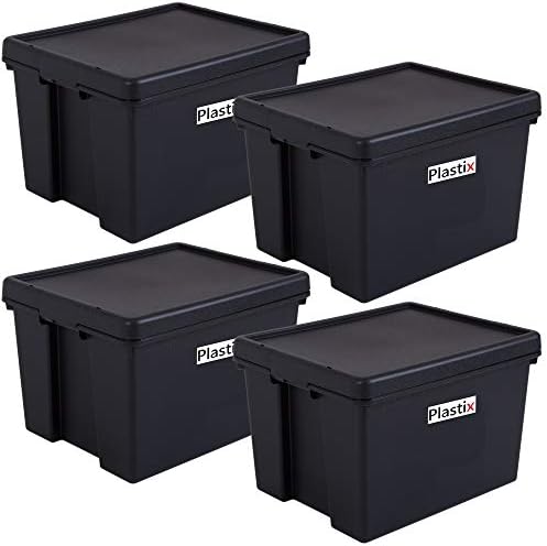 5 X Heavy Duty Strong Recycled Plastic Storage Box Boxes With Lids - 45L 45 Litre - Black