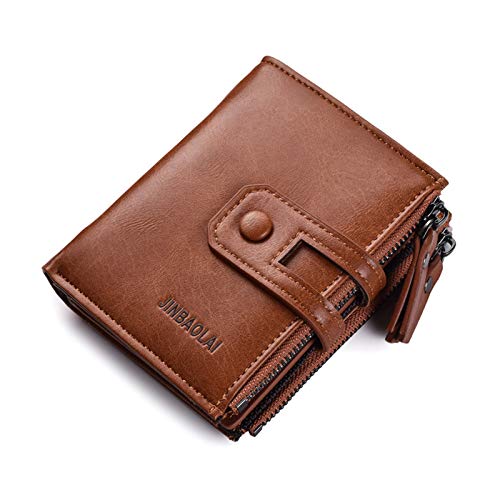 Men's Large Capacity Leather Trifold Wallet Credit Cards Holder for Men Gift with Zipper Reinforced (Black)