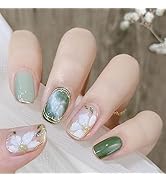Short Press on Nails Short Square Shapes Fake Nails Green False Nails with Camellia Flowers & Gol...