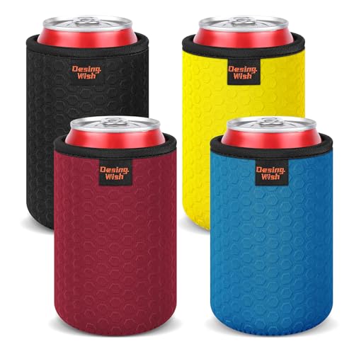 Desing Wish 12oz Can Cooler Sleeve, 12 OZ Standard Beer Can Sleeves Non-slip Neoprene Soda Pop Cans Coolers Sleeves Beverage Insulator Holder Beer Bottles Coolers 4 Pack (Black/Red/Blue/Yellow)