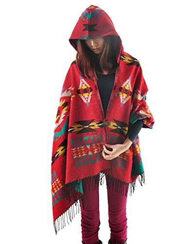 ZKOO Poncho mit Kapuze Damen Winter Herbst Ethno Design Cape Umhang Cover