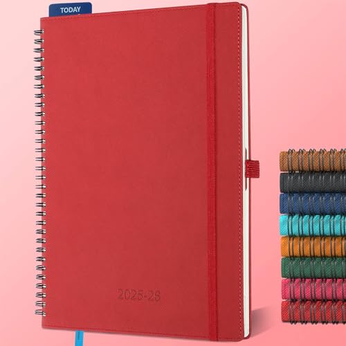 IN-LUXPRO Planner 2025-2026 Daily Weekly and Monthly,11.5"x8.5",18 Months Spiral Bound Calendar Agenda with Self-adhesive Pen Holder,2026 Academic Plan with Vegan Leather Soft Cover,Red