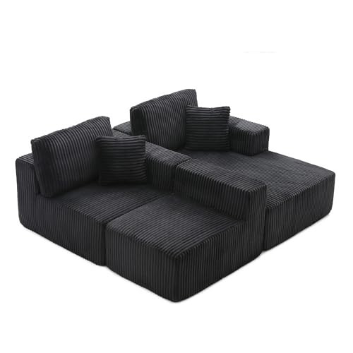 Image of L Shaped Modular Boneless Sectional Couches for Living Room, Wide Armrest, Deep Seat, Memory Foam, Assembly Free, Modern Comfy Corduroy Fluffy Cloud Sofa with Right Chaise, Black