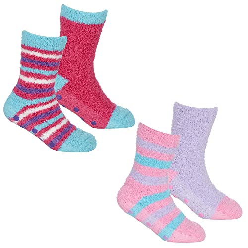 Sock Stack 4 Pairs Of Boys Girls Fluffy Slipper Socks Super Soft Cosy Thermal Non-Skid Gripper Sock (Girls Assorted, 7-11 years)