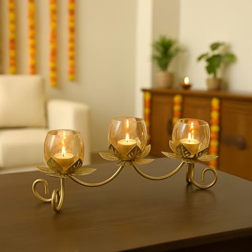 Image of MARKET 99 Metal + Glass 3 Votive T-Light Holder | Elegant Lotus-Shaped Candle Holder for Christmas, Diwali & Wedding Decor | Decorative Tealight Stand for Home, Festive & Gifting Use - Golden