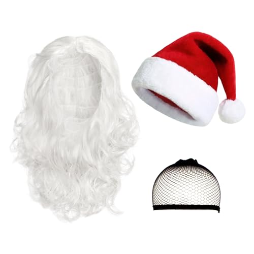 TUONYIS 3 Stück Weihnachtsmann Kostüm Set Enthält Weihnachtsmannmütze,Weihnachtsmann-Perücke und Perückennetz,Perücke zum Verkleiden als Nikolaus für Erwachsene, Feiertagskostüm Neujahr(3 Stück)