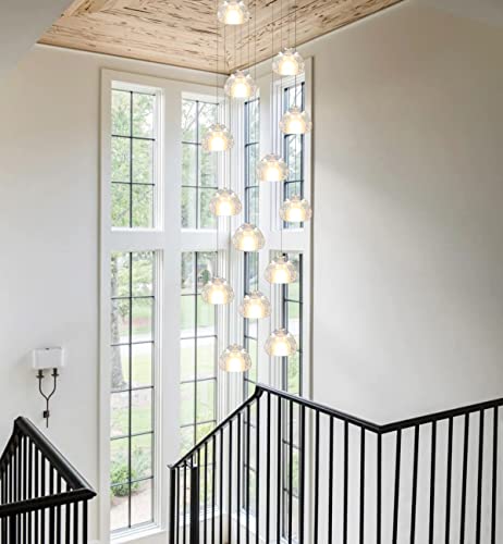 Dolria 14 Lights Modern Led Crystal Light Bubble Chandelier Light Fixture For High Ceiling Living Room Foyer Silver Chrome Finished Raindrop Pendant Lighting, Warm Light #TOP6