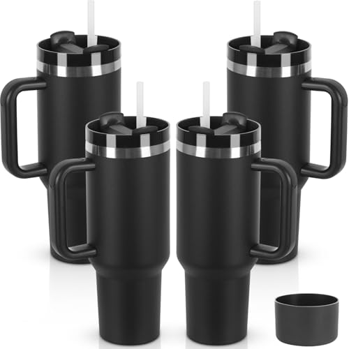 4 Pack 40 oz Tumbler with Handle and Straw Lid, Stainless Steel Double Wall Vacuum Insulated Travel Mug, Insulated Coffee Mug, with Silicone Spill Proof Stopper Set(Black)