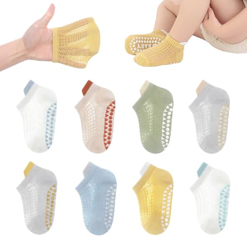 YANWANG 8 Pares de Calcetines Antideslizantes para Bebé Calcetines de Malla para Bebés Niños Niñas (Blue, M:1-3 Y)