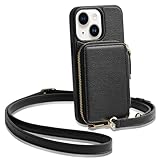 ZVE for iPhone 15 Wallet Case, Card Holder Crossbody Phone Purse for Women, Zipper Leather RFID Blocking Carrying Cover with Wrist Strap for iPhone 15 (6.1 inch)- Black