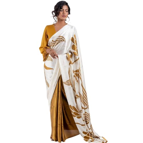 Image of Japan Satin Floral Print Saree for Women with Blouse Piece - Satin Finish Draped Saree