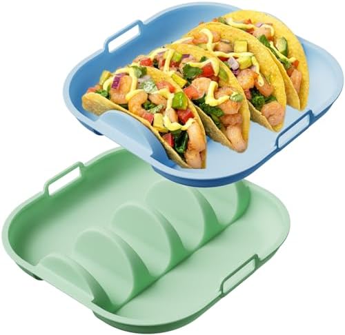 Silicone Taco Holder Plates Set of 2 with Dividers - 10.24-Inch Non-Slip Reusable Taco Stands for Hard and Soft Tacos, Dishwasher Microwave Safe Serving Tray